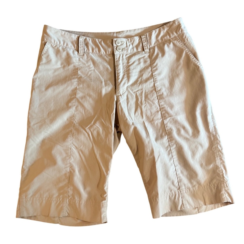 Patagonia‎ Womens Tan Nylon Hiking Bermuda Shorts 10 Double Button Zip stretch
